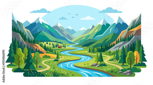 Vibrant Winding River Through Lush Green Mountain Valley.