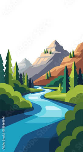 Vibrant Winding River Through Lush Green Forest Landscape.