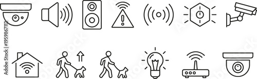 Black and white vector illustration of smart home security icons including cameras, Wi‑Fi, alerts, and automation devices