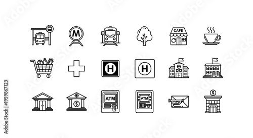 Urban icon set featuring public transport, food, and healthcare symbols in linear design