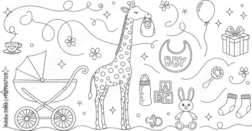 Black and white vector illustration of baby shower elements including giraffe, stroller, toys, bottle, pacifier, and decorations.