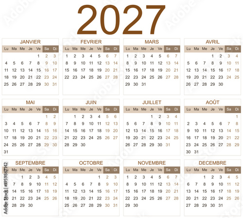 Calendrier 2027 dans les tons marrons avec textes en français - textes vectorisés et non vectorisés sur calques séparés
