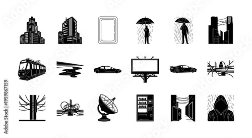 Urban icons: modern cityscape, transport, technology, and weather symbols in monochrome silhouette