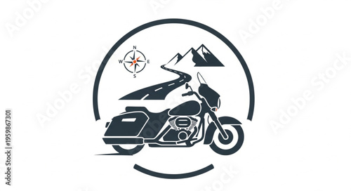 Motorcycle Adventure Logo with Mountains and Compass.