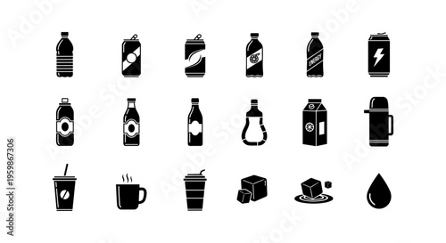 Minimalist beverage icons set featuring bottles, cans, and cups in black silhouette style