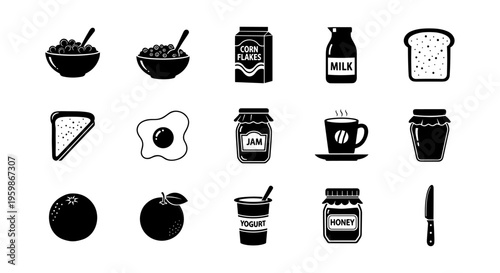 Breakfast icon set featuring cereal, jam, eggs, and more in black and white style