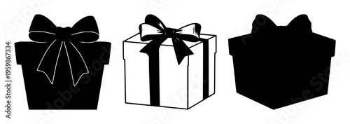 Gift box with bow silhouette set with simple line illustration featuring gift, packaging, celebration with elegance and festivity