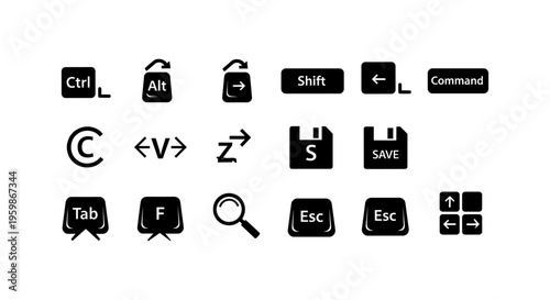 Essential keyboard shortcuts: minimalist icon set for efficient computing