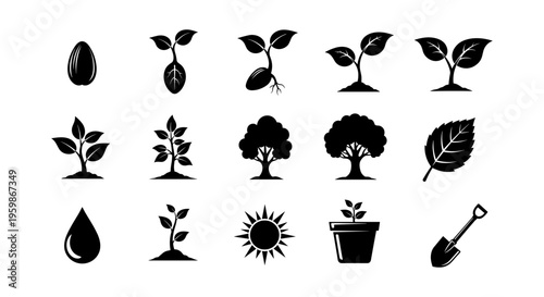 Silhouette plant growth icons: seed to tree, garden tools, and nature symbols