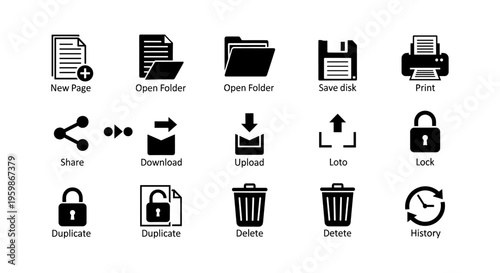 Essential office icons: new page, open folder, save disk, print, and more in black silhouette design