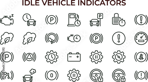 Idle vehicle indicators outline icon set featuring parking alerts waiting status monitoring diagnostics dashboard automotive fleet management vector symbols