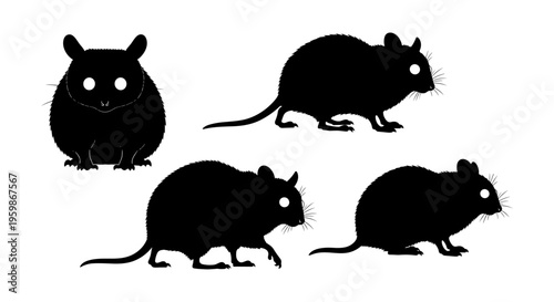 Silhouette collection of rats in various poses on white background