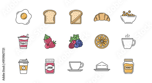 Colorful breakfast food icons featuring coffee, pastry, and fruit in linear style