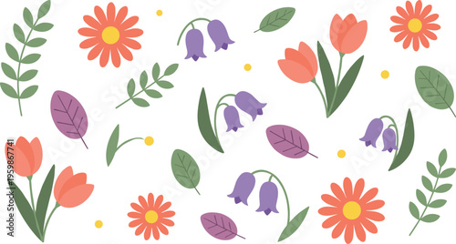 Collection of flat vector spring flowers and leaves featuring tulips daisies and bellflowers in a soft pastel color palette.