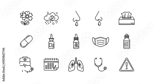 Allergy and cold symptoms icons in minimalist style for health awareness and prevention