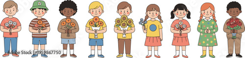 Colorful cartoon vector illustration of diverse children holding flower bouquets in cheerful poses for celebration and gifting