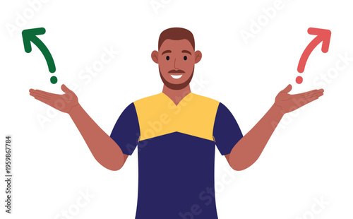 A bearded african american man spreading outstretched arms trying to choose right or left direction. Vector.
