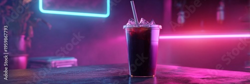 Neon-lit cyberpunk beverage scene with dark cold drink in clear plastic cup, ice cubes visible, placed on reflective surface with vibrant pink and blue lighting