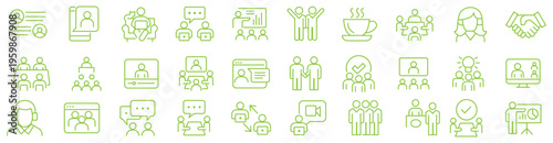 Meeting in line style set. Editable web icons for conference, business meating, discussion, planning, event, teamwork, seminar etc. Vector illustration