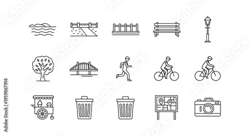 Minimalist urban park icons with activities and infrastructure