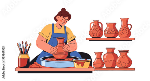 Woman artist skillfully shaping clay on pottery wheel.