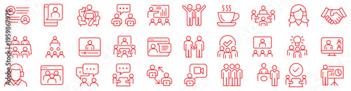 Meeting in line style set. Editable web icons for conference, business meating, discussion, planning, event, teamwork, seminar etc. Vector illustration