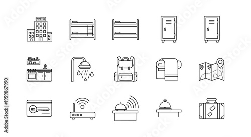 Minimalist hostel icons for modern travel and accommodation design
