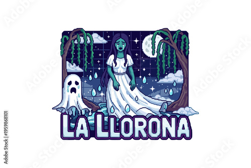 La llorona weeping at night with ghost under moonlit trees