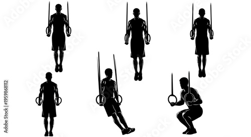 Gymnastic Rings Silhouette: Six Poses of Athlete Training and Strength