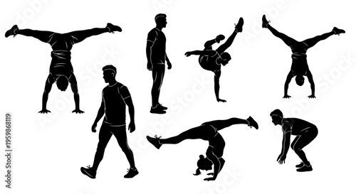 Diverse group of people performing various acrobatic and athletic movements, silhouettes against white background