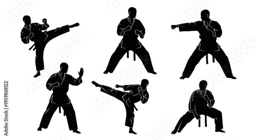 Karate Silhouette Set: Dynamic Martial Arts Poses in Black and White