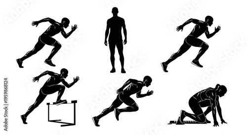 Diverse Runner Silhouettes: Sprinting, Hurdling, Standing, and Starting Blocks