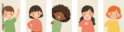 Diverse collection of cute children peeking from frames and waving in a soft hand-drawn illustration style.