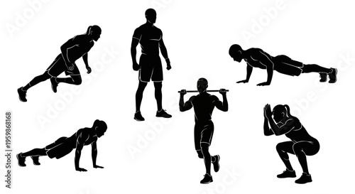 Diverse group of people performing various fitness exercises, workout silhouettes