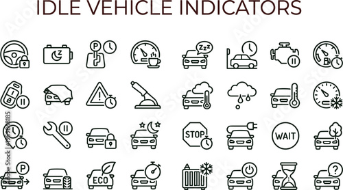 Idle vehicle indicator outline icon set featuring car status monitoring parking waiting diagnostics alerts fleet management dashboard symbols vector