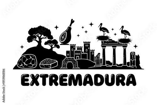 Extremadura scenic landmarks and icons in silhouette style
