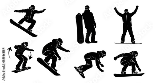 Snowboarding Silhouette Icons: Action Poses of Winter Sports Athlete