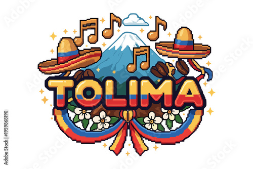 Tolima celebration with pixel art featuring colombian symbols and traditions