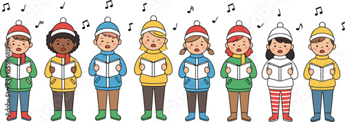 Diverse group of children in winter clothing singing in a choir with music notes in a friendly flat vector style.