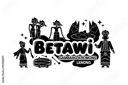 Betawi cultural symbols: gambang kromong, lenong, and traditional dance silhouettes