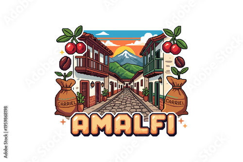 Colorful coffee town street with mountains and cherry elements in retro pixel art style
