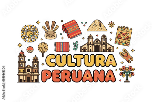 Peruvian culture icons set featuring traditional elements and landmarks