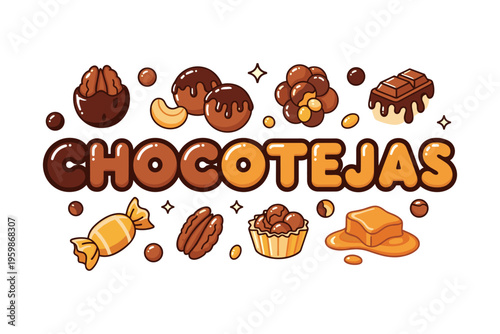 Delicious treats: chocotejas with nuts, caramel, and chocolate pieces in charming cartoon style