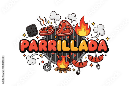 Colorful grill barbecue design with steaks and sausages on fire