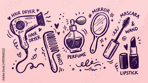 Charming doodle illustration of beauty and personal care items including a hair dryer comb perfume mirror mascara and lipstick on a pink background with hearts and sparkles