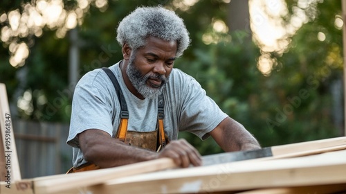 Experienced craftsman with grey beard wearing overalls focuses intently on woodworking project during golden hour, demonstrating skilled craftsmanship in outdoor workshop setting.
