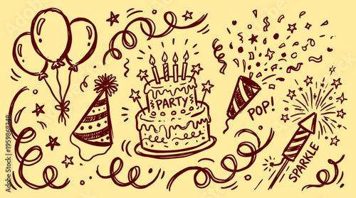 Hand drawn doodle elements for birthday party celebration including cake balloons confetti streamers and party poppers on a yellow background