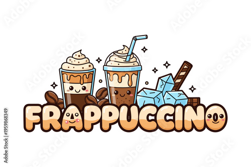 Cute kawaii coffee drinks with whipped cream and ice cubes
