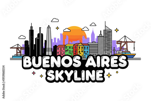 Colorful buenos aires cityscape with iconic skyline and cartoon style