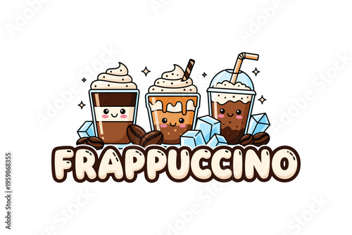 Cute kawaii frappuccino cups with coffee beans and ice cubes
